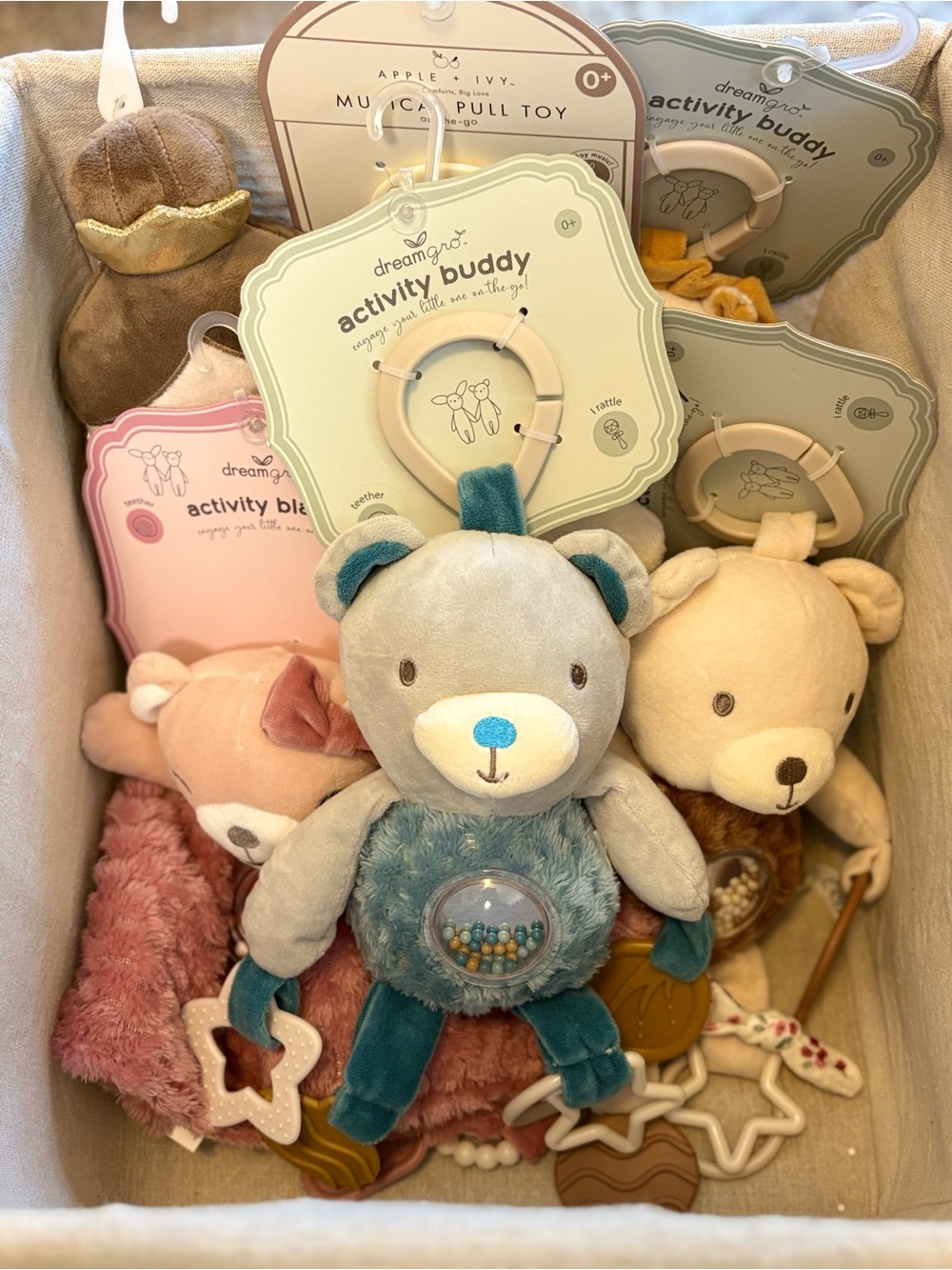 Dreamgrb Blue & Teal Plush Activity Buddy Bear with Sensory Rattle